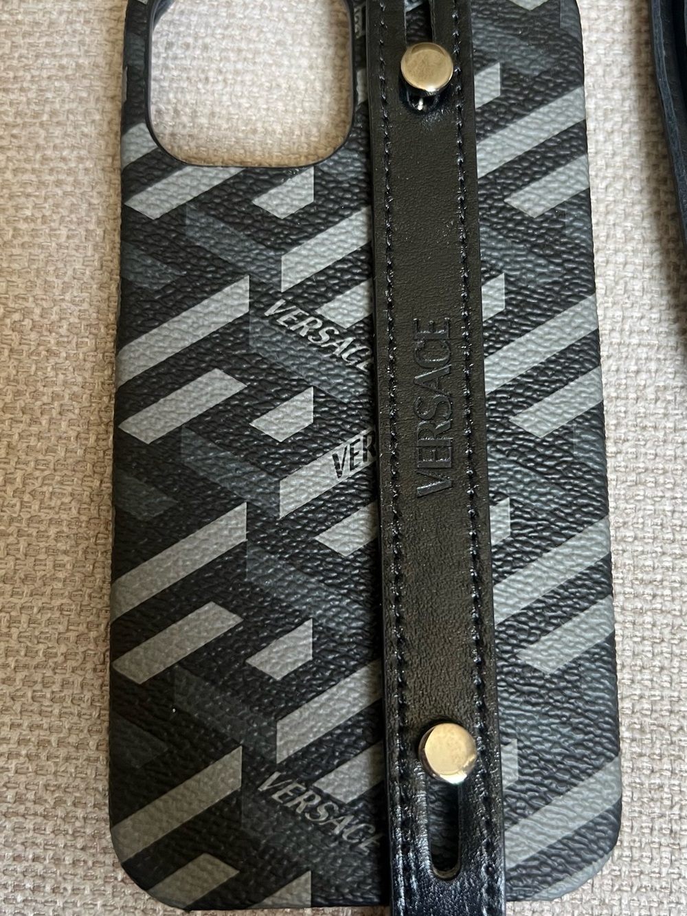 Versace Black & Gray Diagonal Mono Leather Strap Phone Case